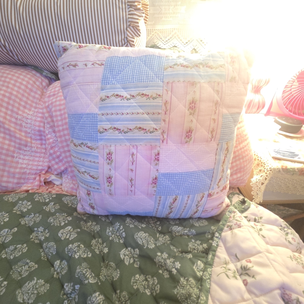 Patchwork Quilted Throw Pillow - Pink & Blue